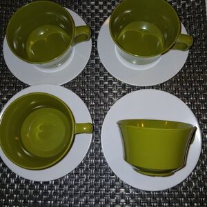 Midcentury Modern Olive Green and White Serveware Coffee Cup Set